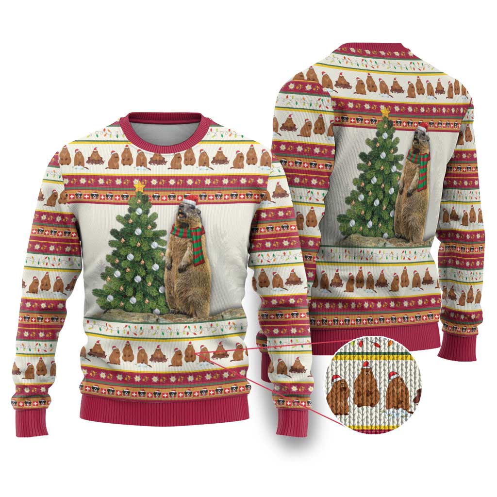 Ugly Christmas sweater with red trim, crew neck, and marmot holding a tree graphic