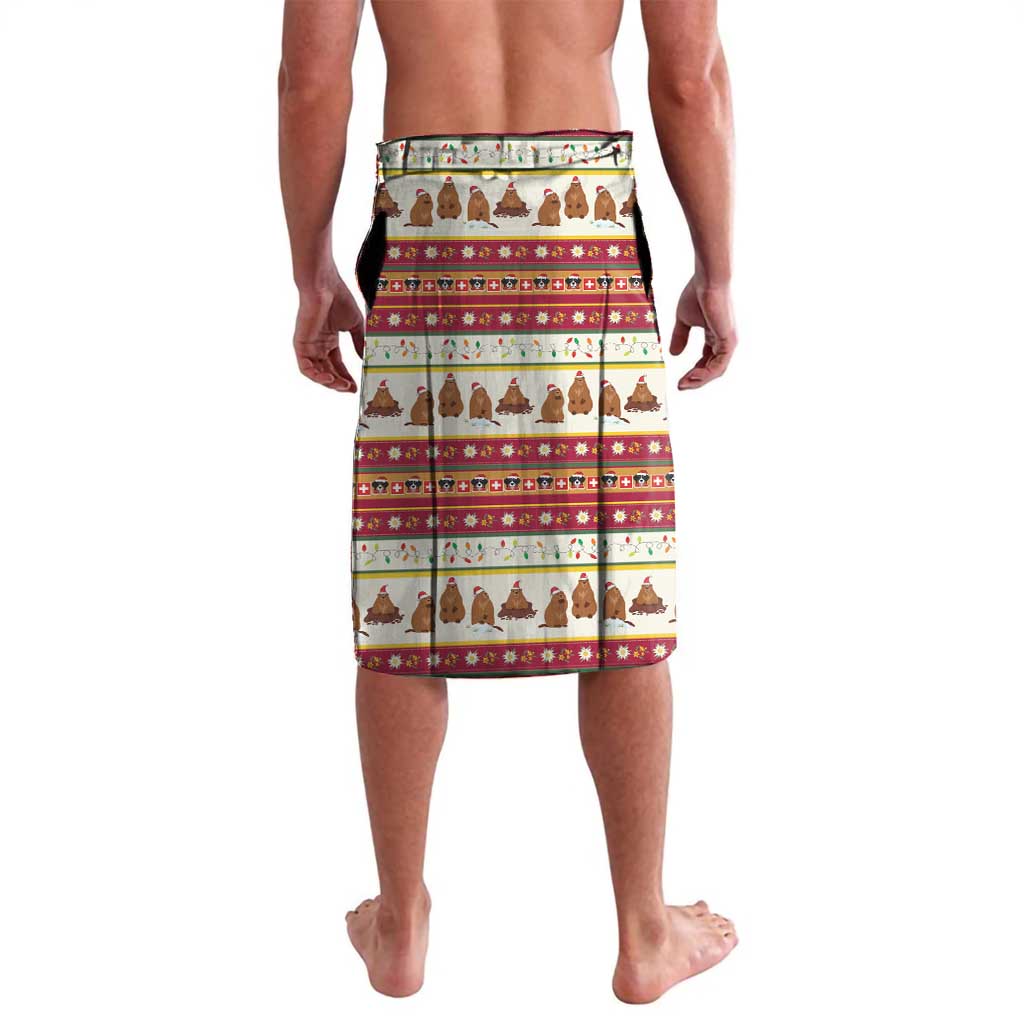 Red Christmas Santa print shorts with animal row pattern and striped trim