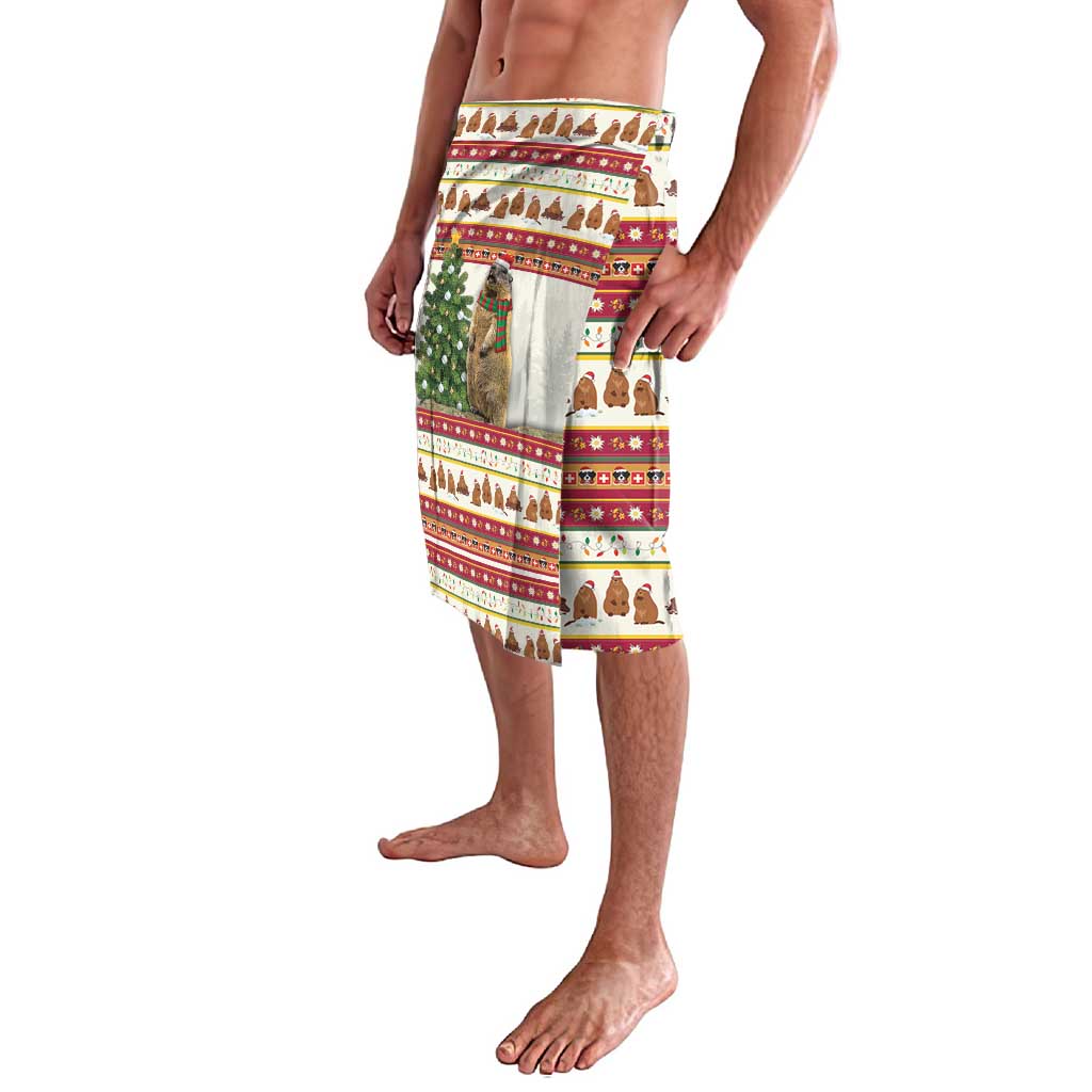 Red Christmas Santa print shorts, side view with front seam and festive characters