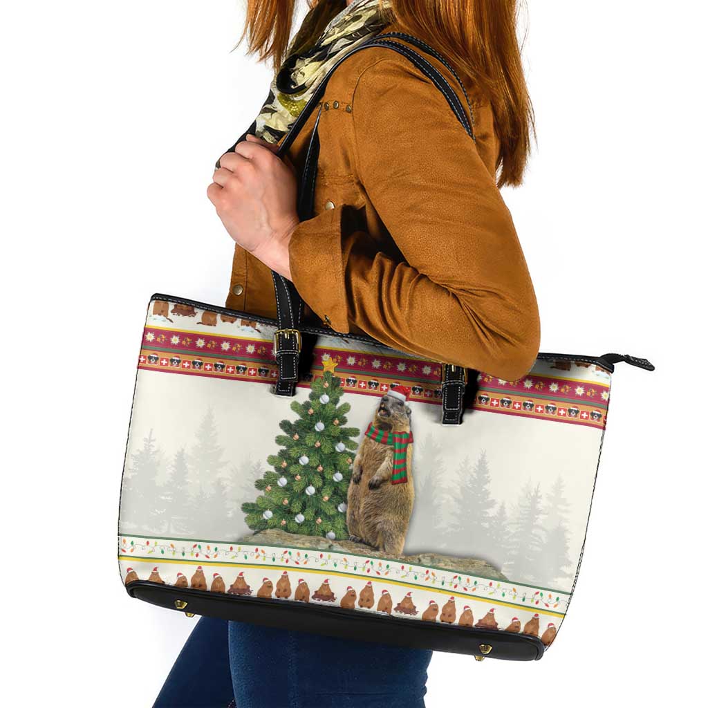 Merry Swissmas Marmot Santa Leather Tote Bag Switzerland Christmas Pattern - Wonder Print Shop