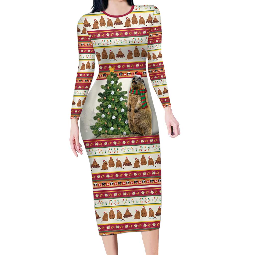 Merry Swissmas Marmot Santa Long Sleeve Bodycon Dress Switzerland Christmas Pattern - Wonder Print Shop