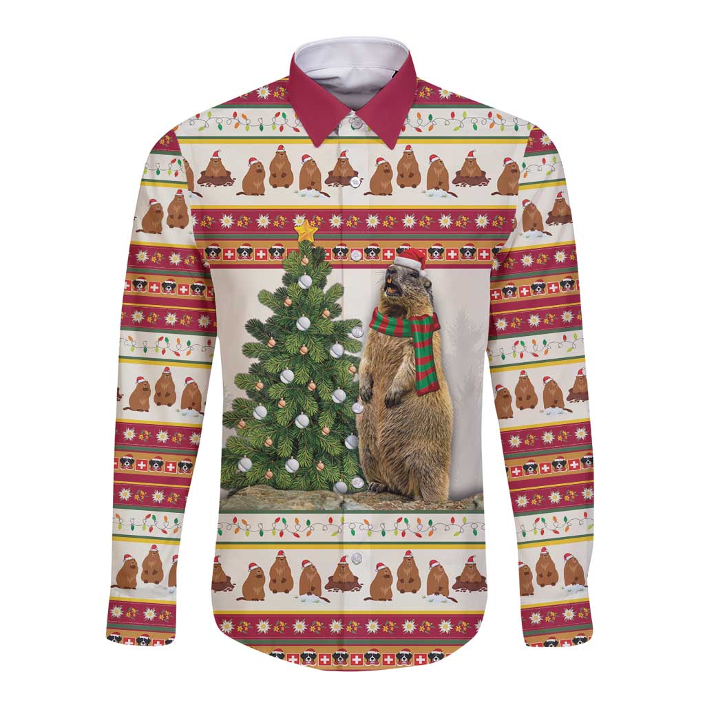 Red long-sleeve button shirt with festive animal and border print