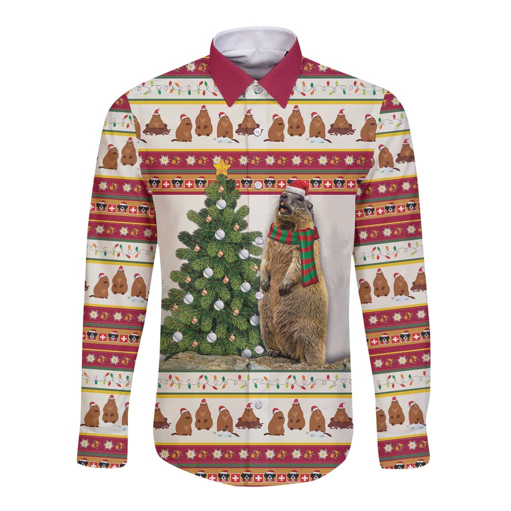 Merry Swissmas Marmot Santa Long Sleeve Button Shirt Switzerland Christmas Pattern - Wonder Print Shop