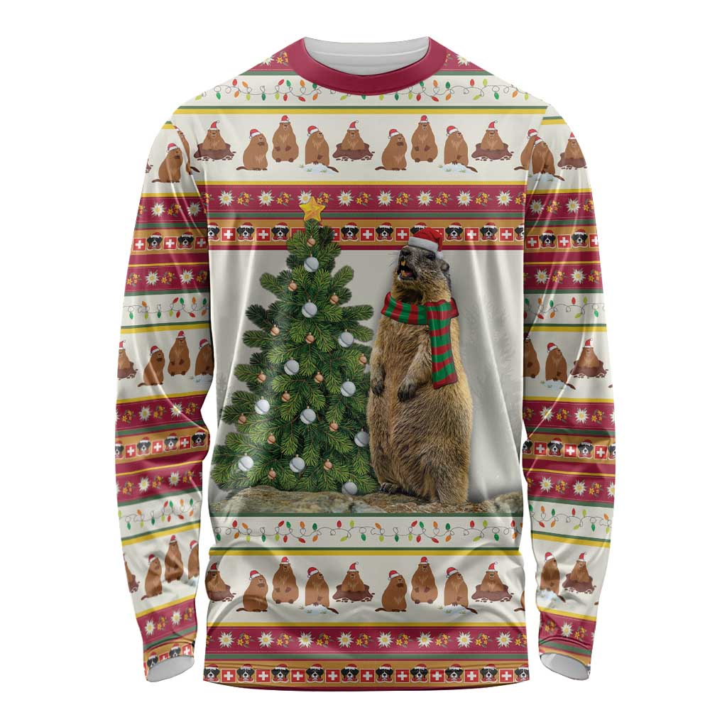 Red crewneck long-sleeve shirt with marmot in Santa hat and holiday pattern
