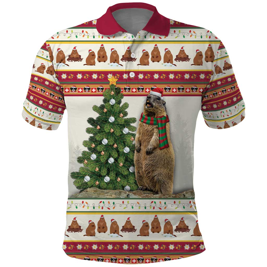 Red-collar polo shirt with Swiss Christmas marmot, evergreen tree, and holiday stripe trim