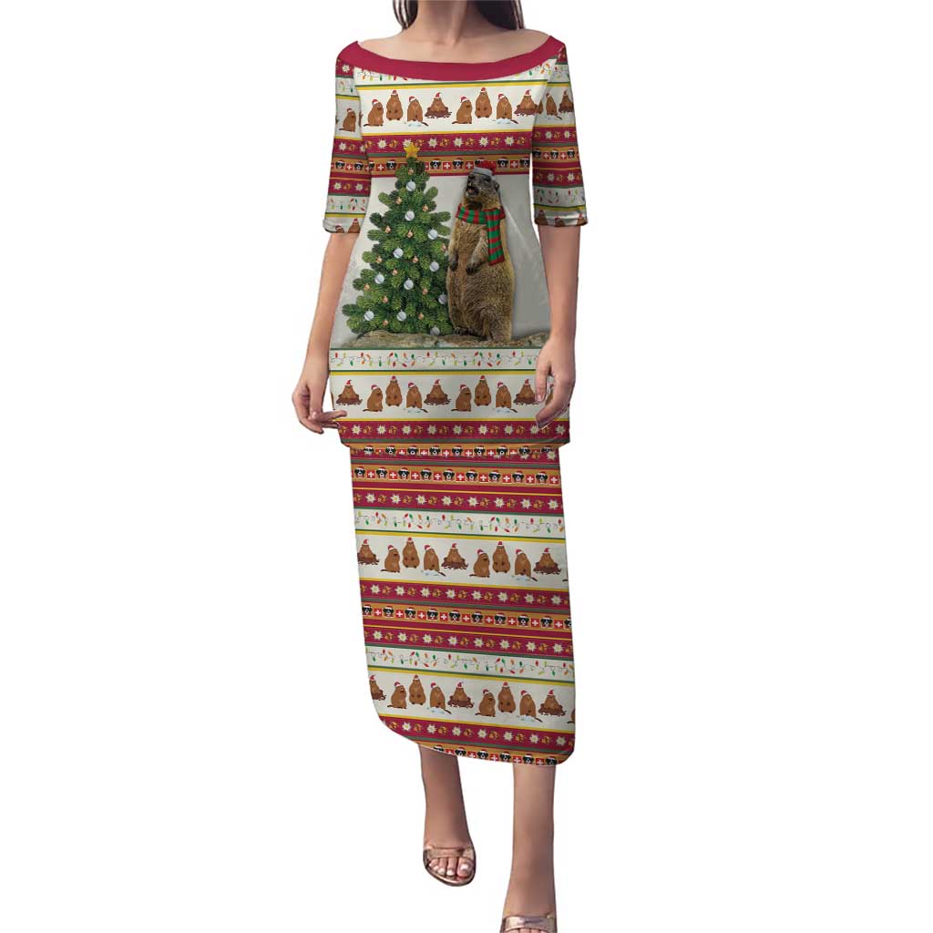 Long red short-sleeve midi dress with festive animal and tree stripe print