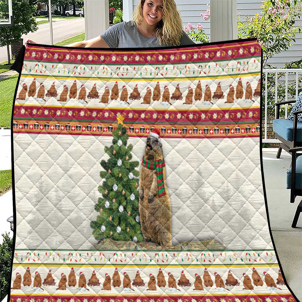 White quilted Christmas throw with marmot, pine tree, and red patterned border