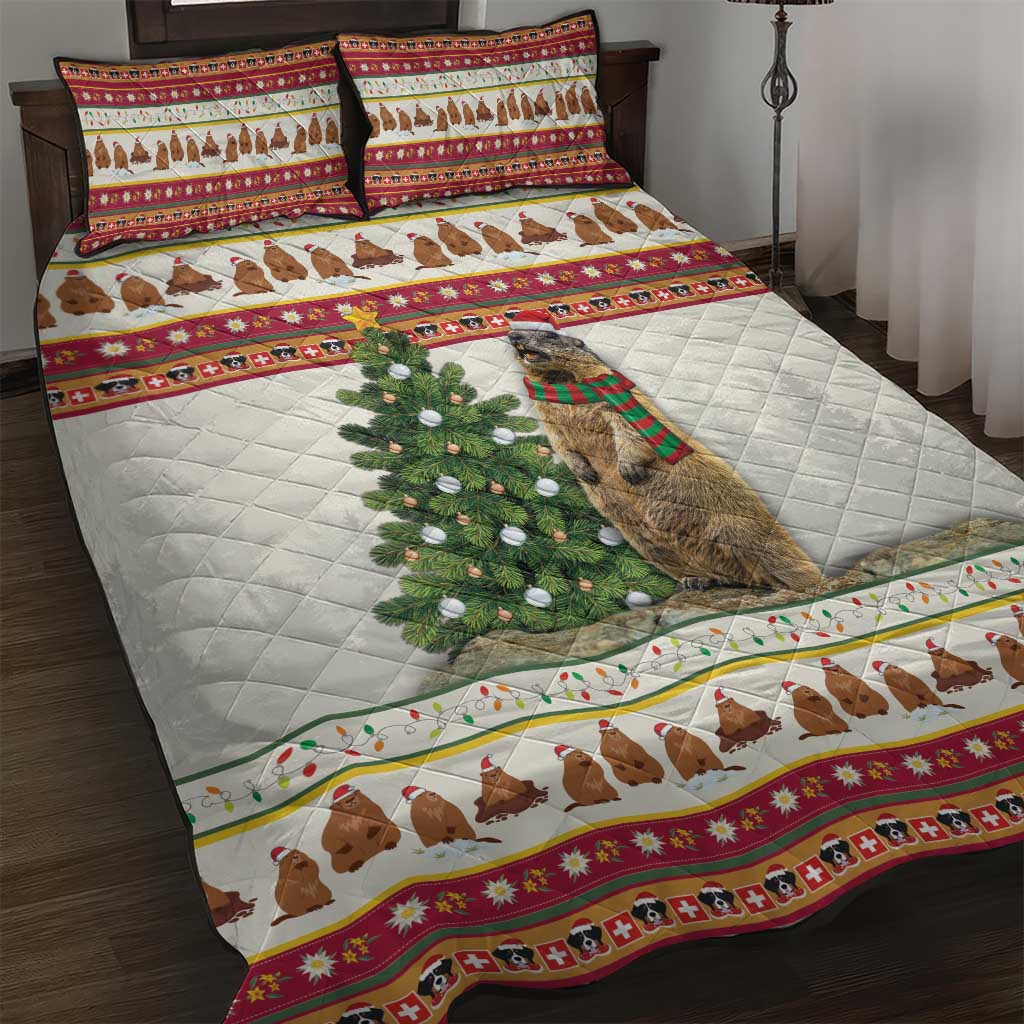Christmas quilt bed set with white bear-and-tree print and red patterned border, two pillowcases