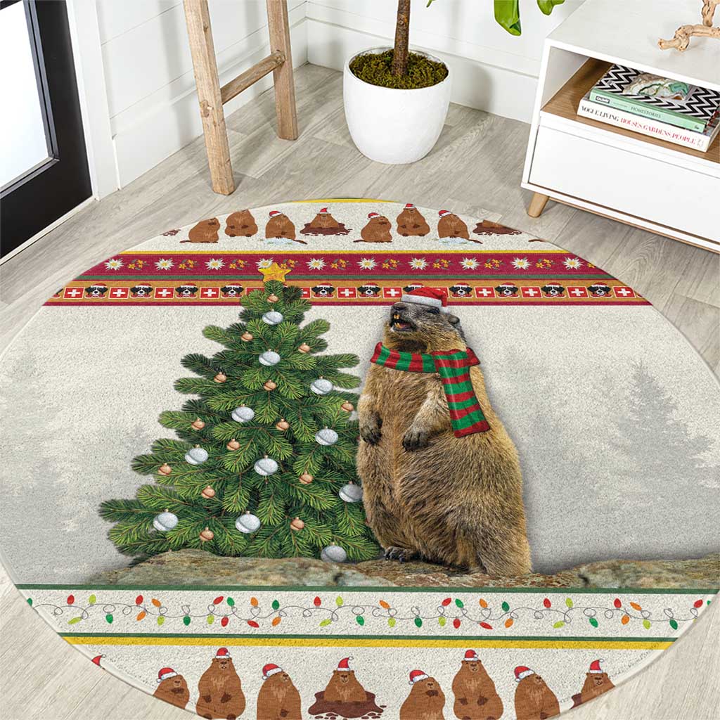 Round Christmas rug with gray base, marmot holding plaid scarf, pine tree and border pattern