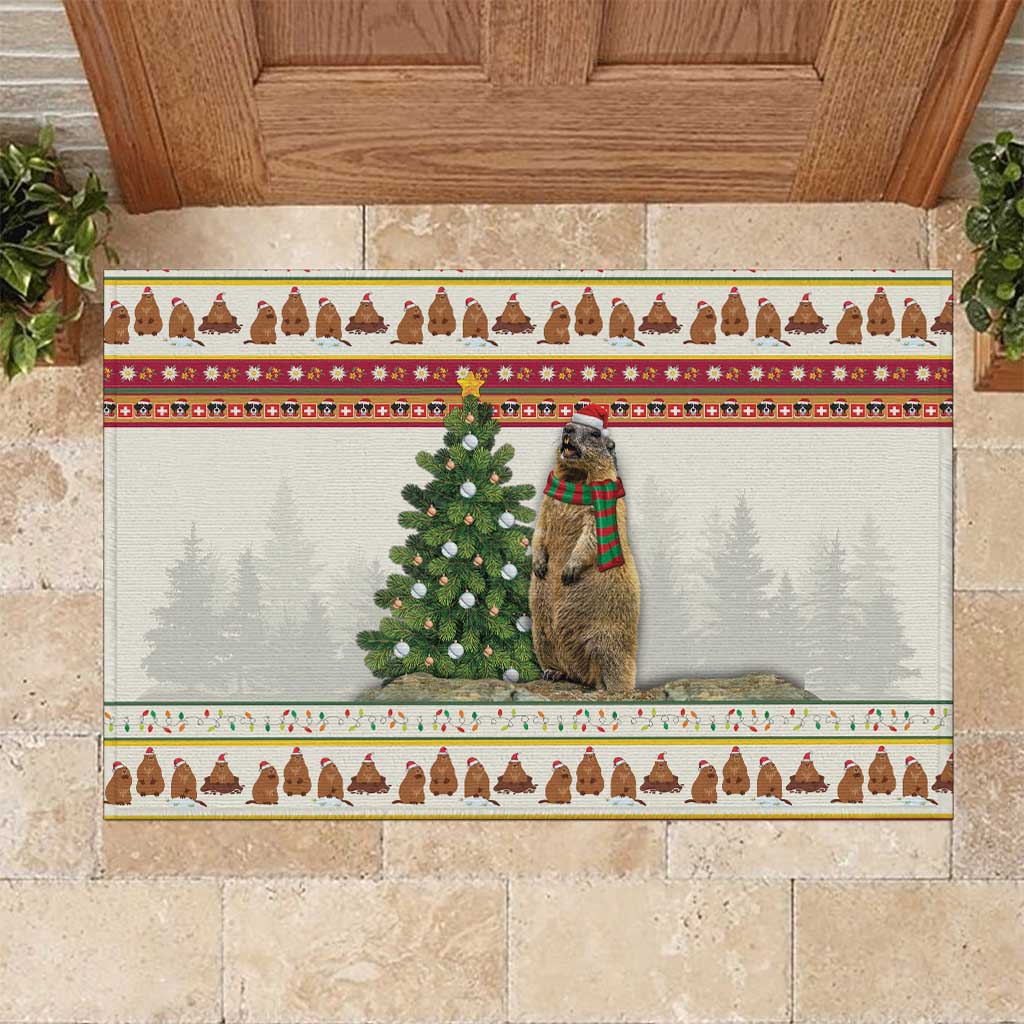 Christmas rubber doormat with marmot beside a decorated tree and red patterned border