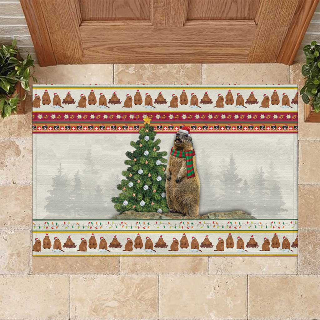 Merry Swissmas Marmot Santa Rubber Doormat Switzerland Christmas Pattern