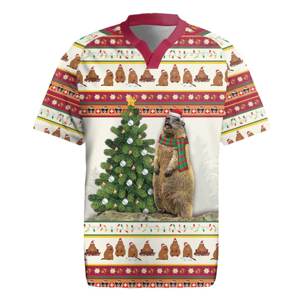 Men's rugby jersey with festive marmot, Christmas tree graphic and red V-neck collar