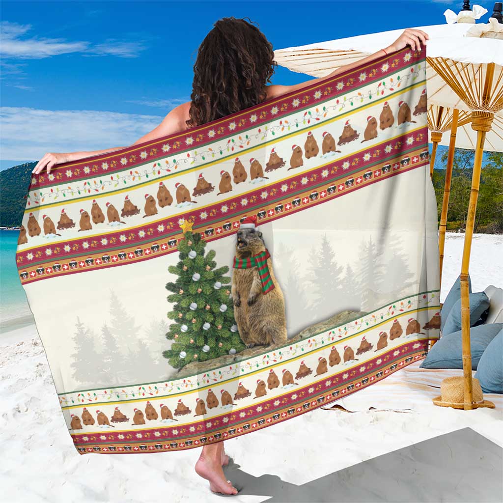 Light gray Christmas marmot sarong with pine trees and red patterned border
