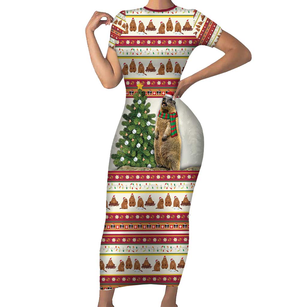 Merry Swissmas Marmot Santa Short Sleeve Bodycon Dress Switzerland Christmas Pattern