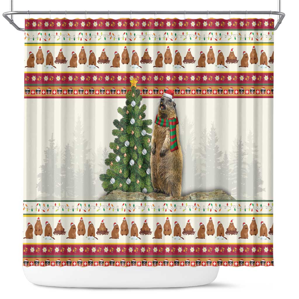 Christmas marmot shower curtain with pine tree, red stripes, and festive character border
