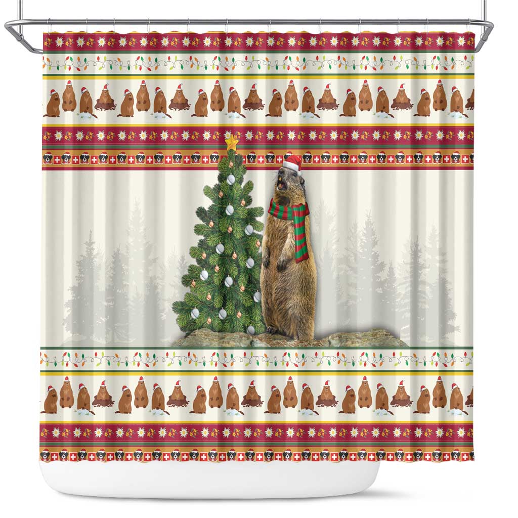 Merry Swissmas Marmot Santa Shower Curtain Switzerland Christmas Pattern