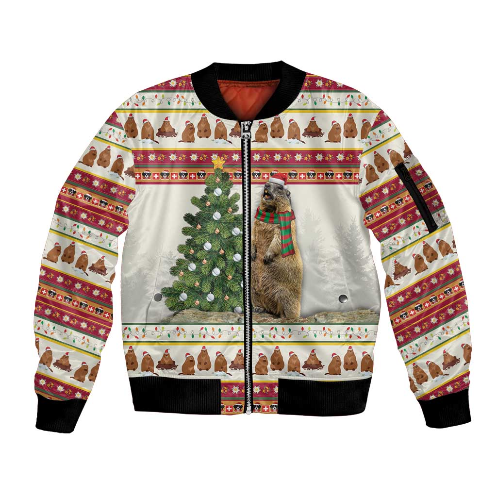 Unisex red-and-cream zip bomber jacket with marmot, tree, and festive border print