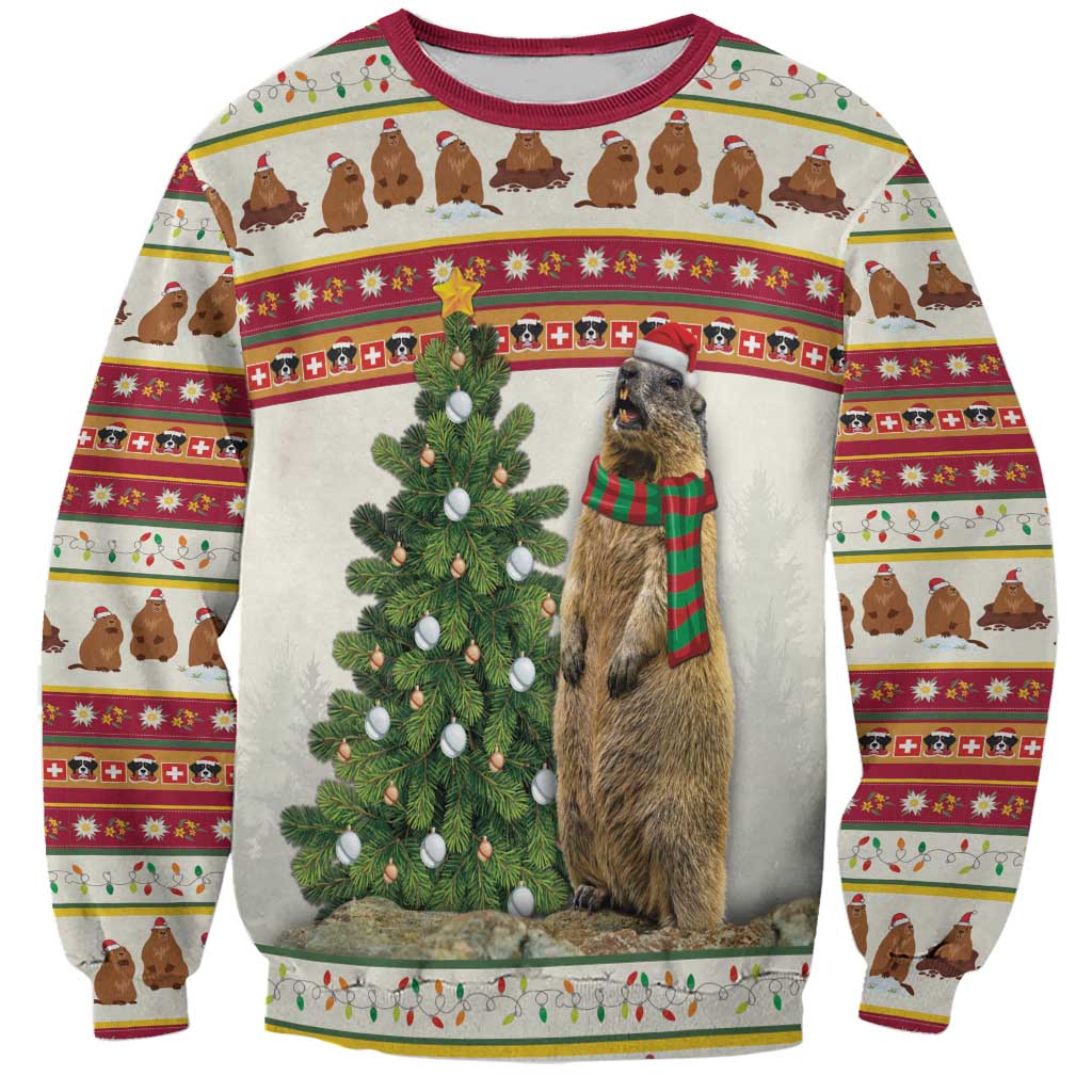 Unisex crewneck sweatshirt with long sleeves, red collar, marmot in scarf beside Christmas tree