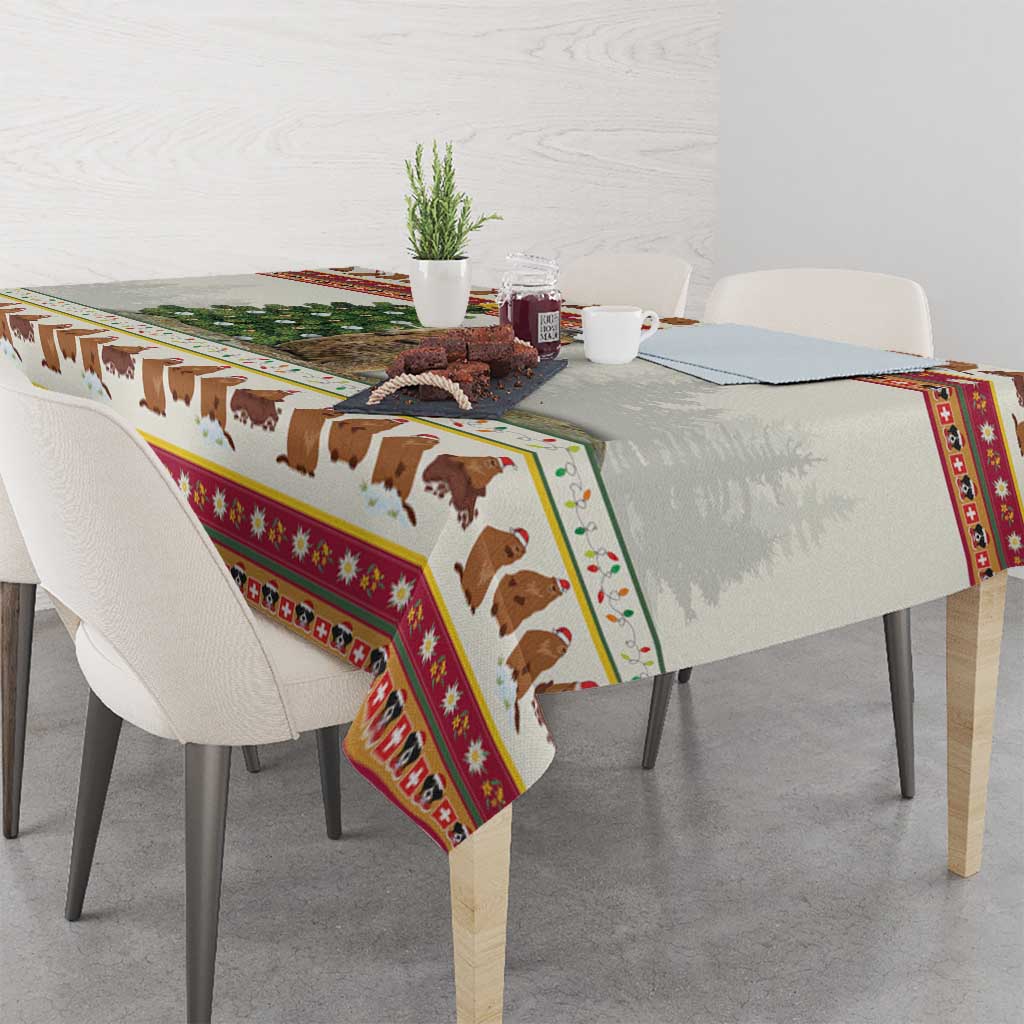 Holiday tablecloth with cow print center and red patterned border on dining table