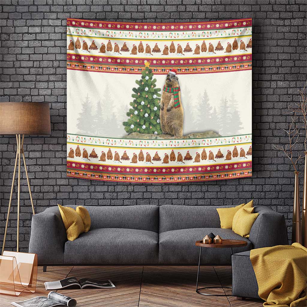 Red Christmas tapestry with bear in plaid scarf, green pine tree, and festive patterned border.