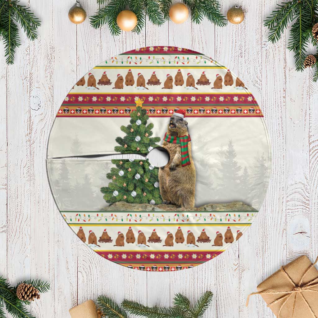 Round Christmas tree skirt with marmot scene, border stripes, and cutout center hole