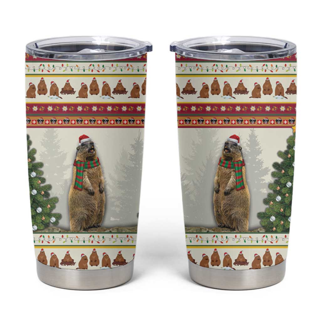 Holiday tumbler with marmot in scarf, festive striped bands, clear flip-top lid