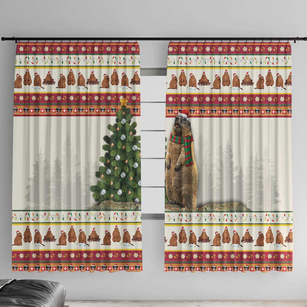 Christmas window curtain pair, full length with striped red bands and marmot Santa graphic