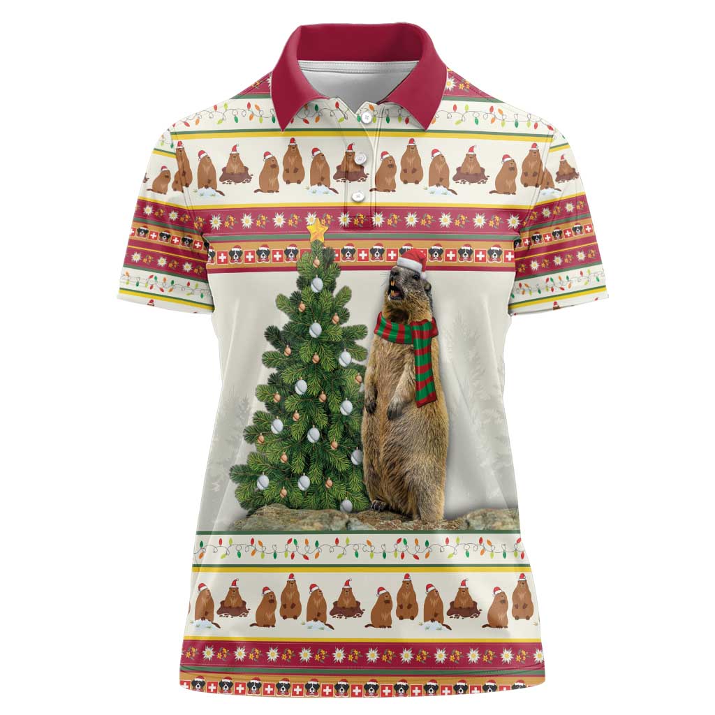 Merry Swissmas Marmot Santa Women Polo Shirt Switzerland Christmas Pattern