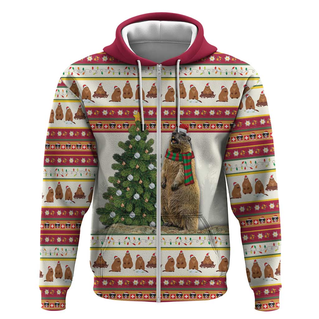 Red zip-up hoodie with colorful holiday marmot and Christmas tree graphic