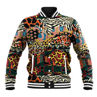 Multicolor wild animal print baseball jacket with striped rib collar and snap front