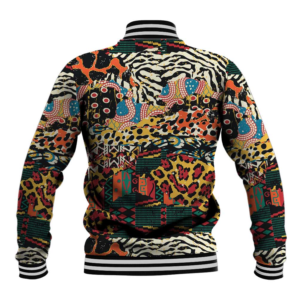 Back of multicolor wild animal print baseball jacket with striped rib hem and collar