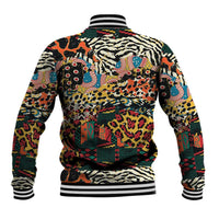 Back of multicolor wild animal print baseball jacket with striped rib hem and collar
