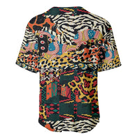 Back of black baseball jersey with colorful animal-skin pattern, short sleeves