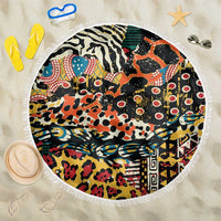 Round beach blanket, black multicolor wild-animal print with white fringe trim (150cm)