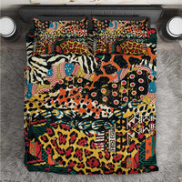 Colorful animal-print bedding set with duvet and matching pillow shams, black base