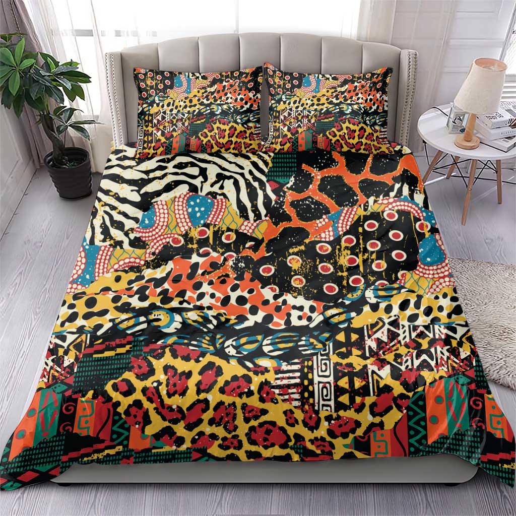 Animal-print duvet cover with two matching pillow shams, multicolor motifs on black