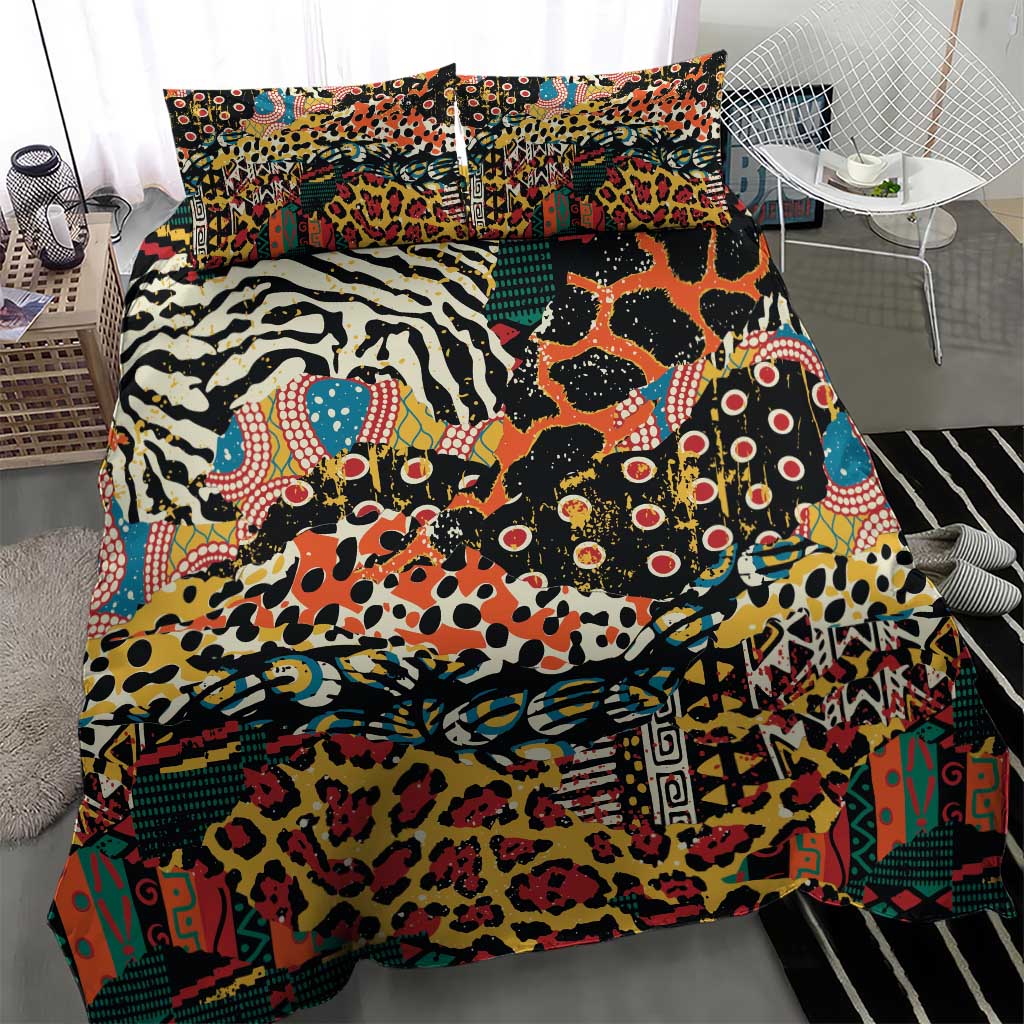 Animal-print bedding set with duvet and pillow shams featuring bold zebra and leopard patterns