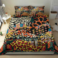 Multicolor animal-print duvet cover with two matching pillow shams on a black background
