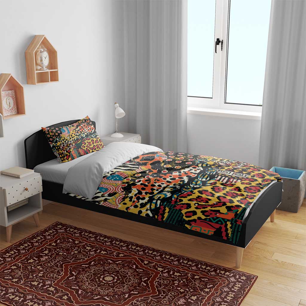 Colorful animal-print duvet cover and pillow shams with graphic motifs on black fabric