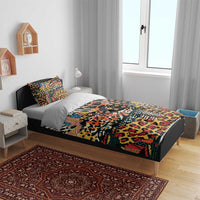 Colorful animal-print duvet cover and pillow shams with graphic motifs on black fabric