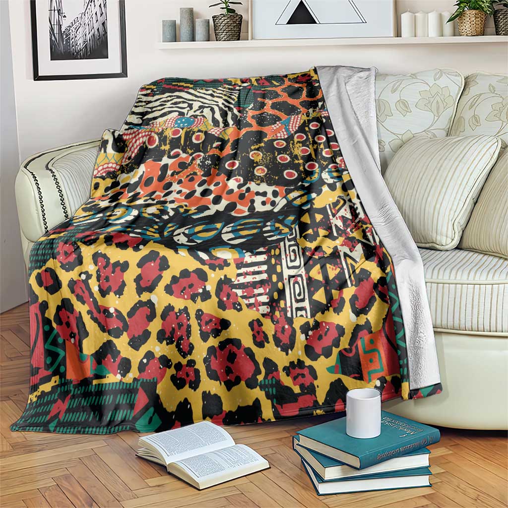 Colorful wild animal print blanket with multicolor patchwork design, draped on a sofa