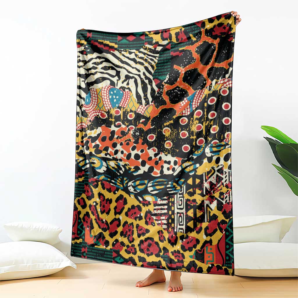 Wild animal print blanket with bold multicolor patterns, held upright in an indoor setting