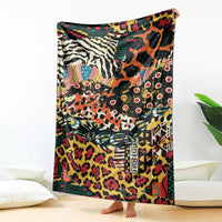 Wild animal print blanket with bold multicolor patterns, held upright in an indoor setting