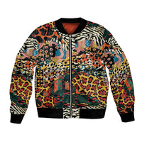 Bomber jacket with full zipper, ribbed collar, cuffs, and hem; colorful mixed animal print