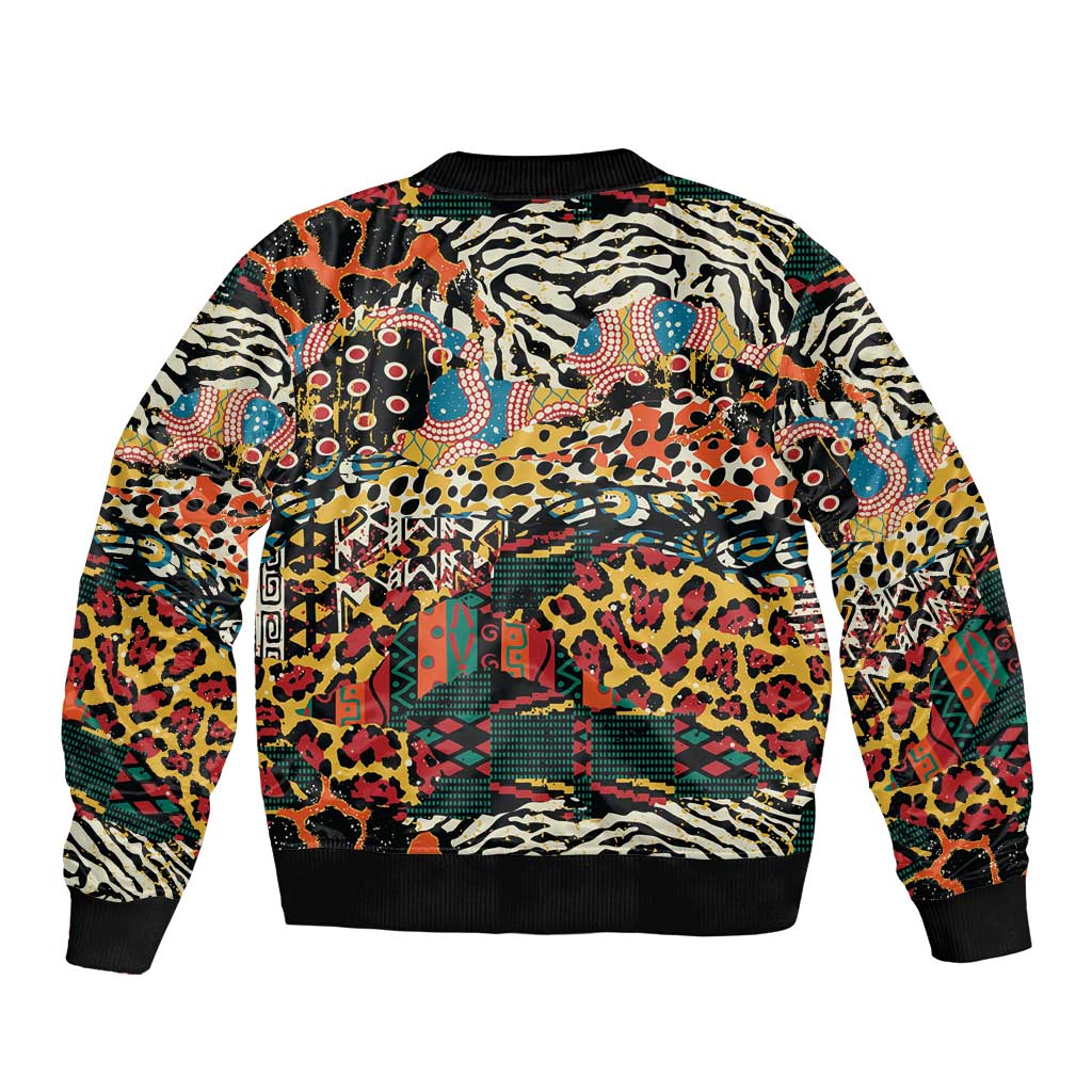 Bomber jacket, back view; colorful mixed animal print with ribbed collar, cuffs, and hem