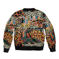 Bomber jacket, back view; colorful mixed animal print with ribbed collar, cuffs, and hem