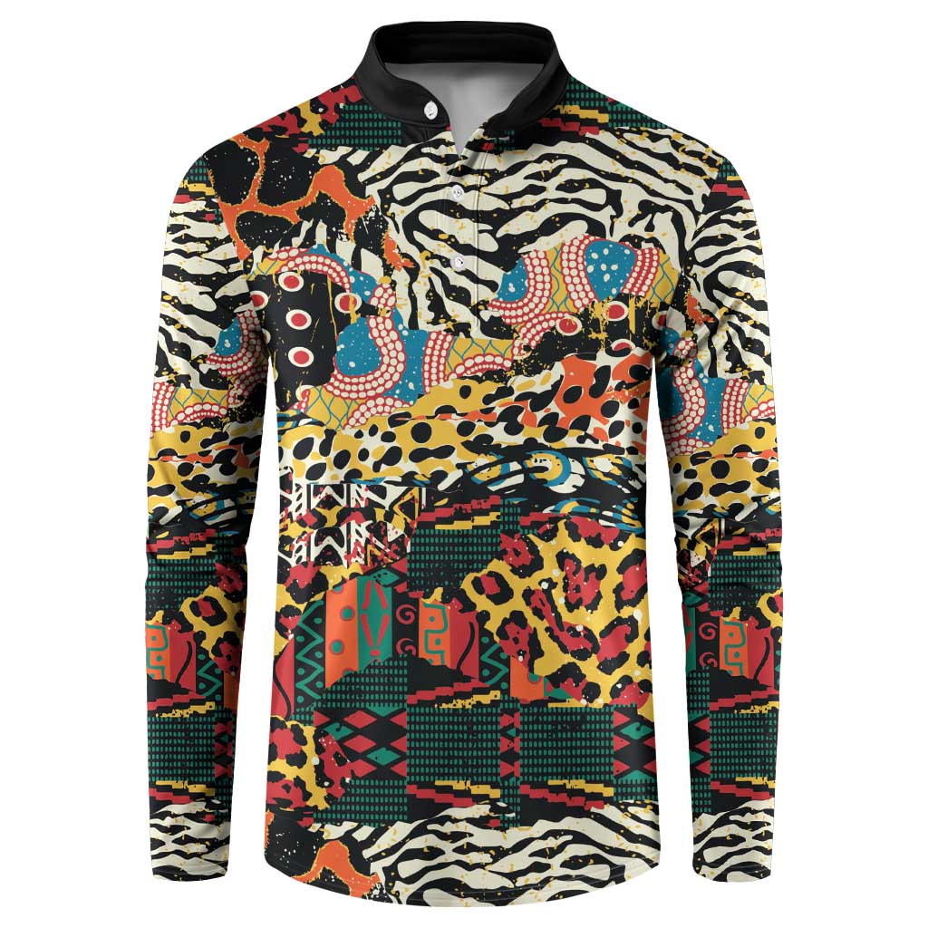 Multicolor animal-print button sweatshirt with black collar, long sleeves.