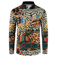 Multicolor animal-print button sweatshirt with black collar, long sleeves.