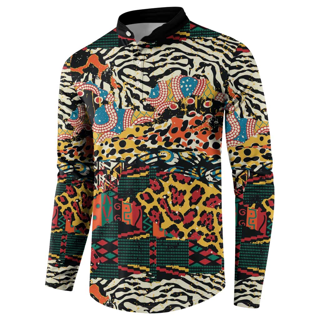 Multicolor animal-print button sweatshirt, black collar, long sleeves; front view.
