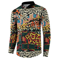 Multicolor animal-print button sweatshirt, black collar, long sleeves; front view.